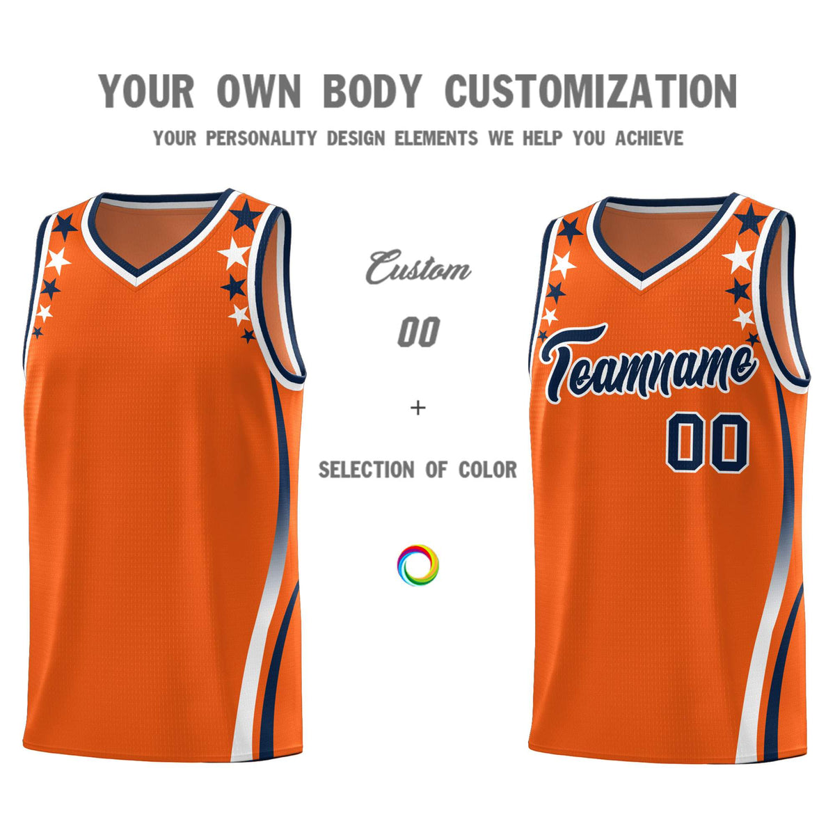 Custom Orange Shoulders Star Pattern Side Color Block Sports Uniform Basketball Jersey