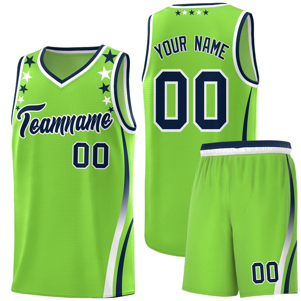 Custom Neon Green Shoulders Star Pattern Side Color Block Sports Uniform Basketball Jersey