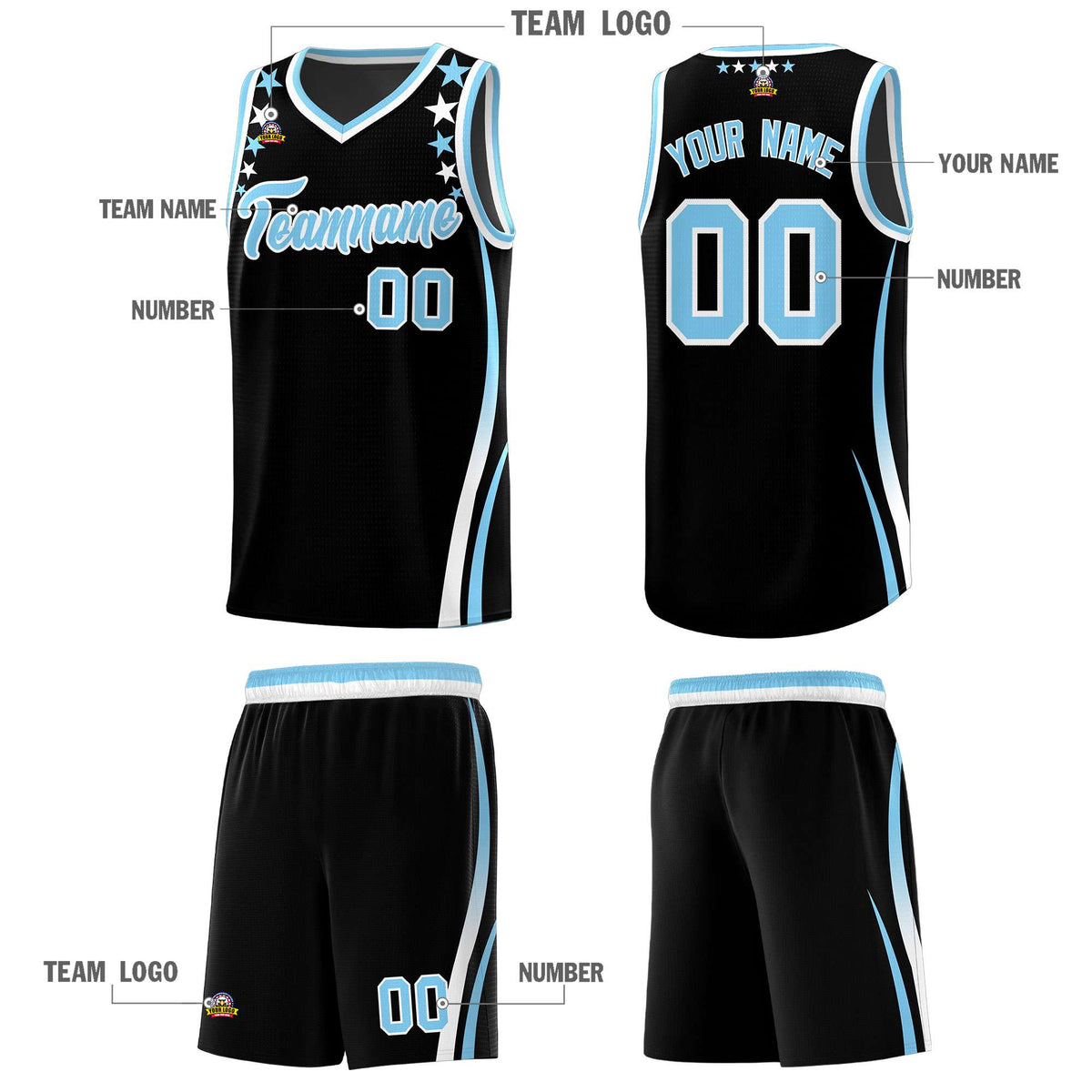 Custom Black Shoulders Star Pattern Side Color Block Sports Uniform Basketball Jersey