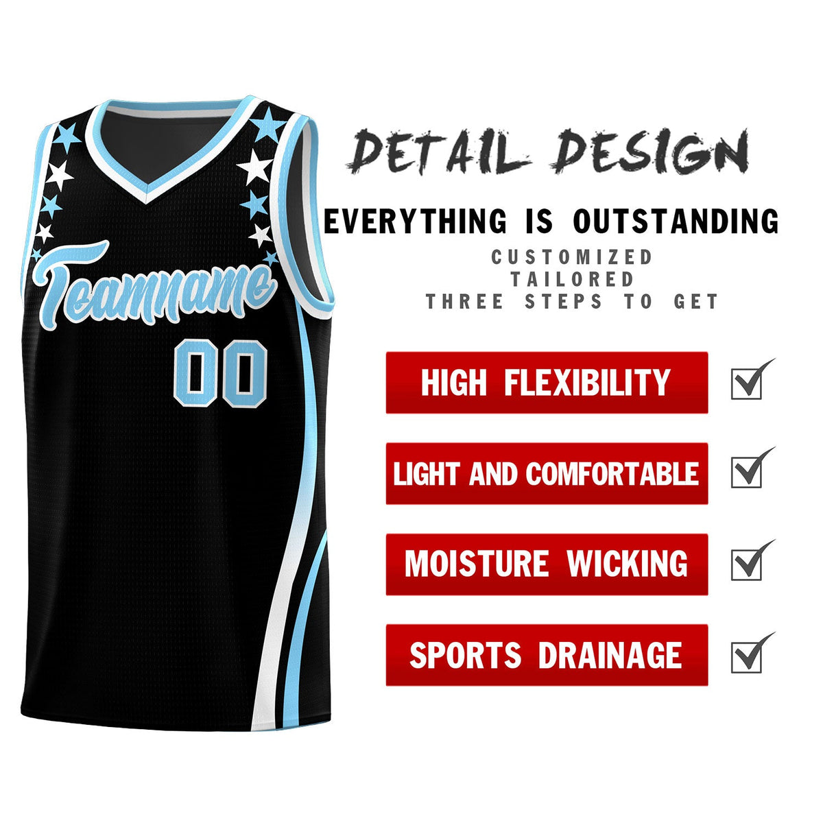 Custom Black Shoulders Star Pattern Side Color Block Sports Uniform Basketball Jersey