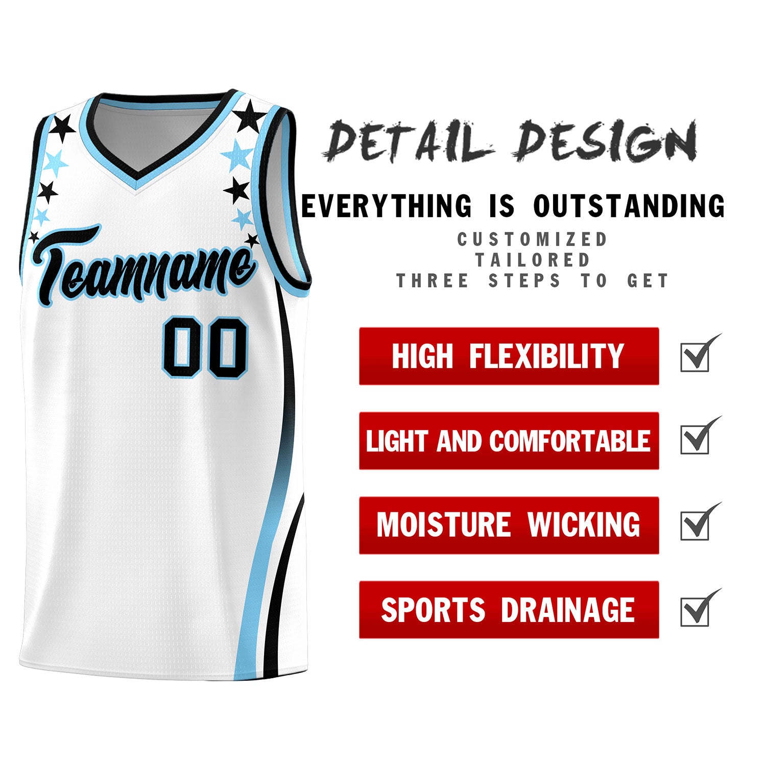 Custom White Shoulders Star Pattern Side Color Block Sports Uniform Basketball Jersey