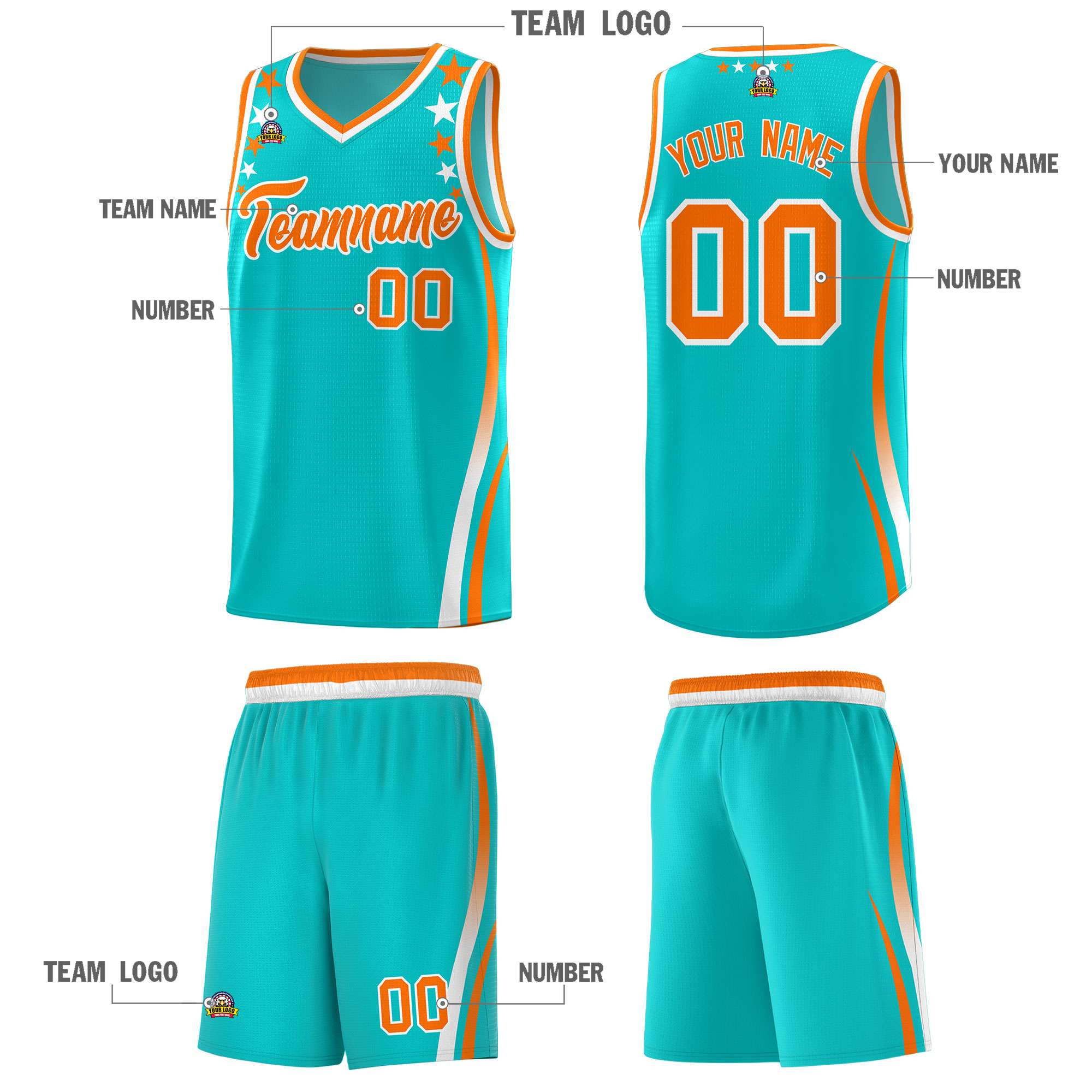 Custom Sky Blue Shoulders Star Pattern Side Color Block Sports Uniform Basketball Jersey