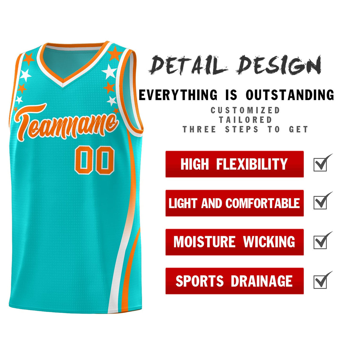 Custom Sky Blue Shoulders Star Pattern Side Color Block Sports Uniform Basketball Jersey