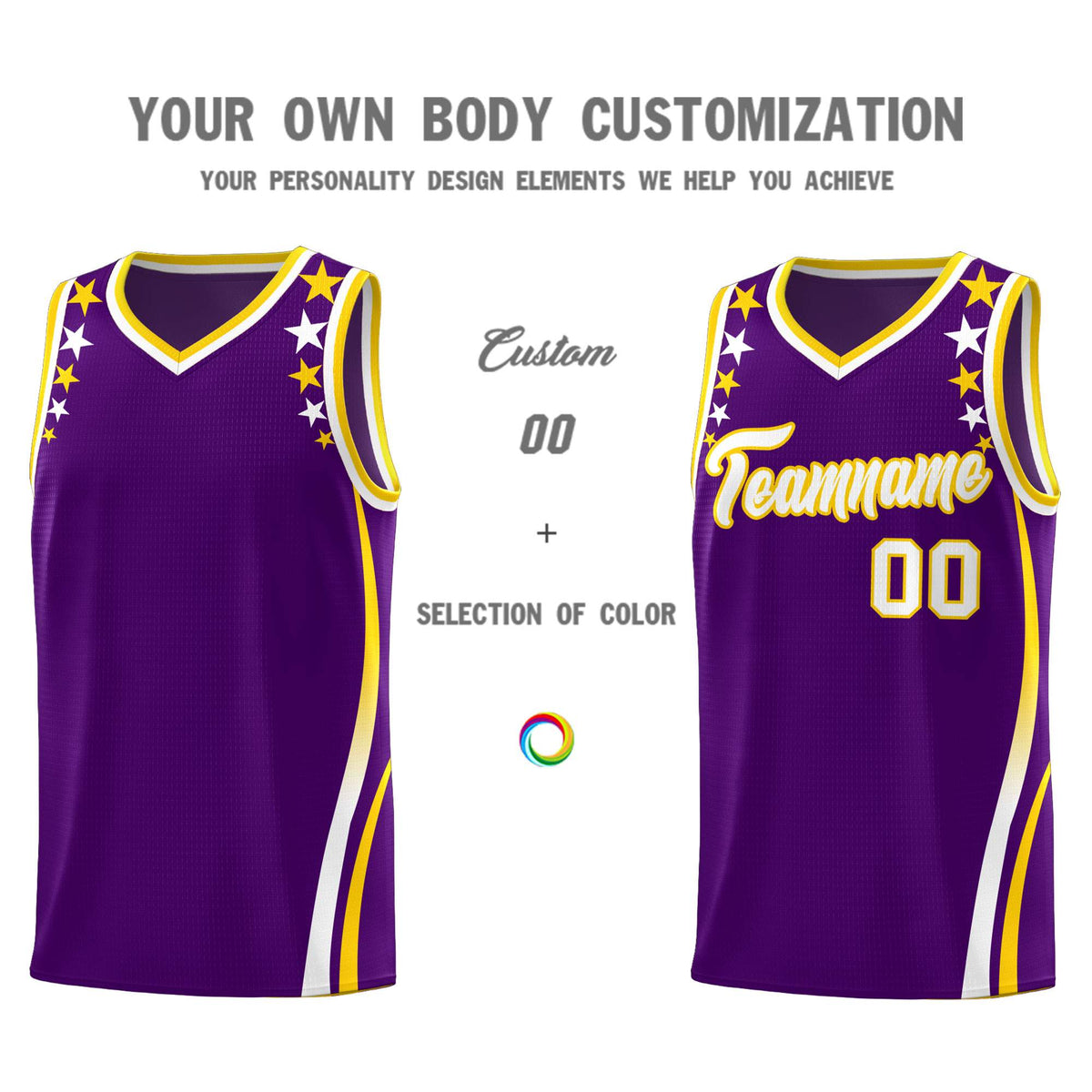 Custom Purple Shoulders Star Pattern Side Color Block Sports Uniform Basketball Jersey