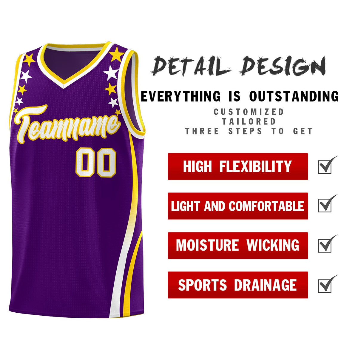 Custom Purple Shoulders Star Pattern Side Color Block Sports Uniform Basketball Jersey
