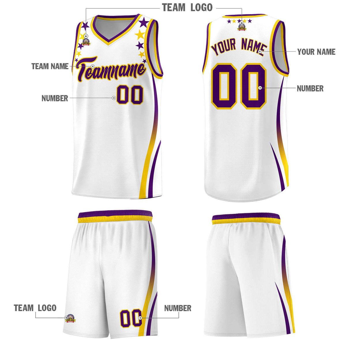 Custom White Shoulders Star Pattern Side Color Block Sports Uniform Basketball Jersey