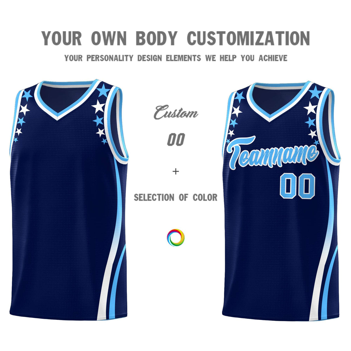Custom Navy Shoulders Star Pattern Side Color Block Sports Uniform Basketball Jersey