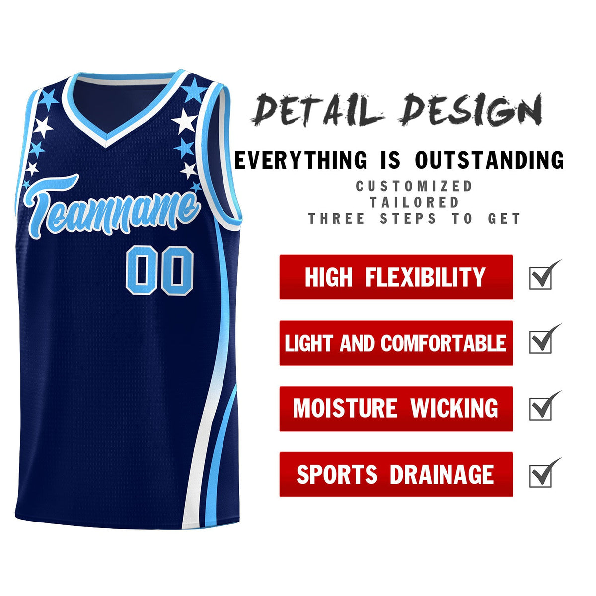 Custom Navy Shoulders Star Pattern Side Color Block Sports Uniform Basketball Jersey