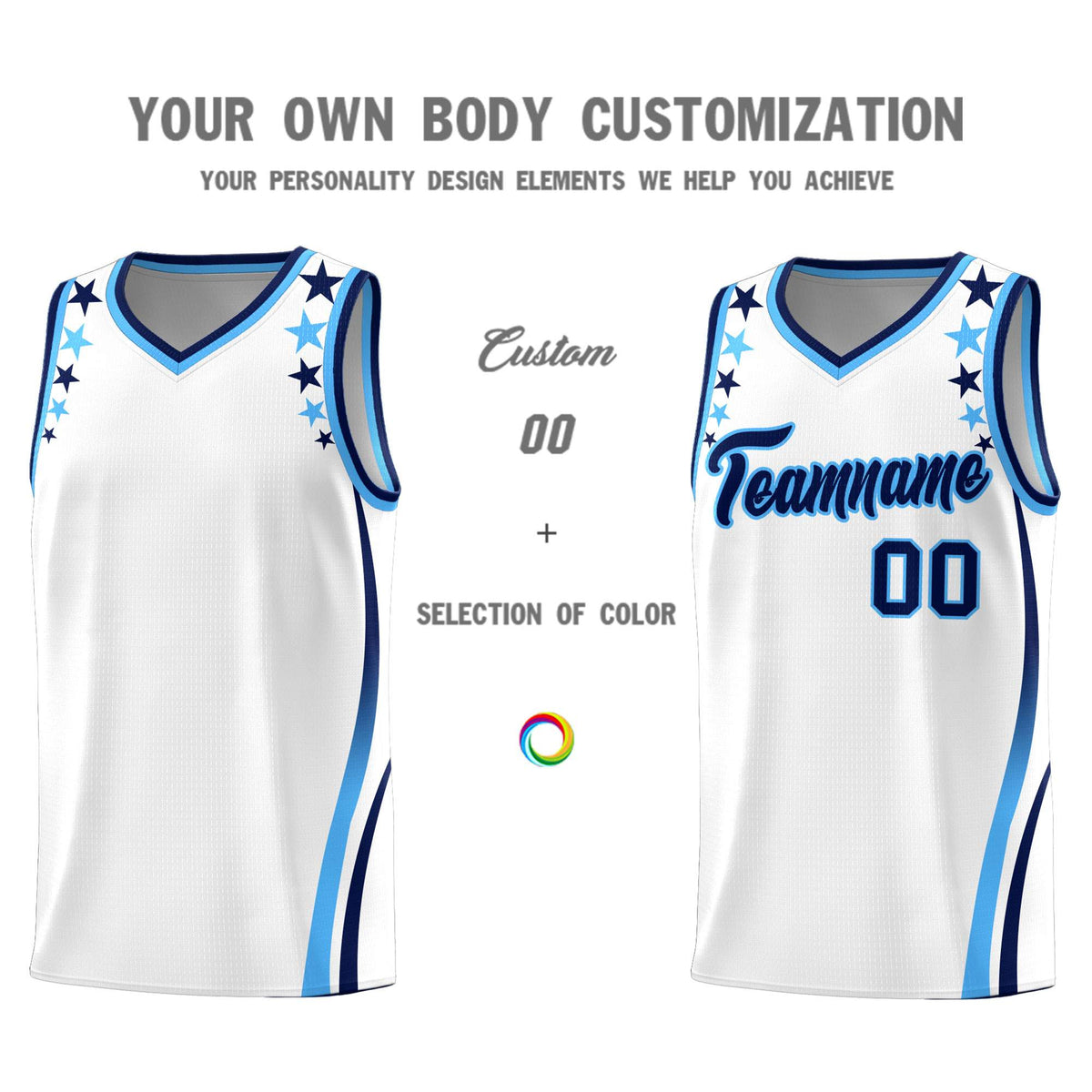 Custom White Shoulders Star Pattern Side Color Block Sports Uniform Basketball Jersey