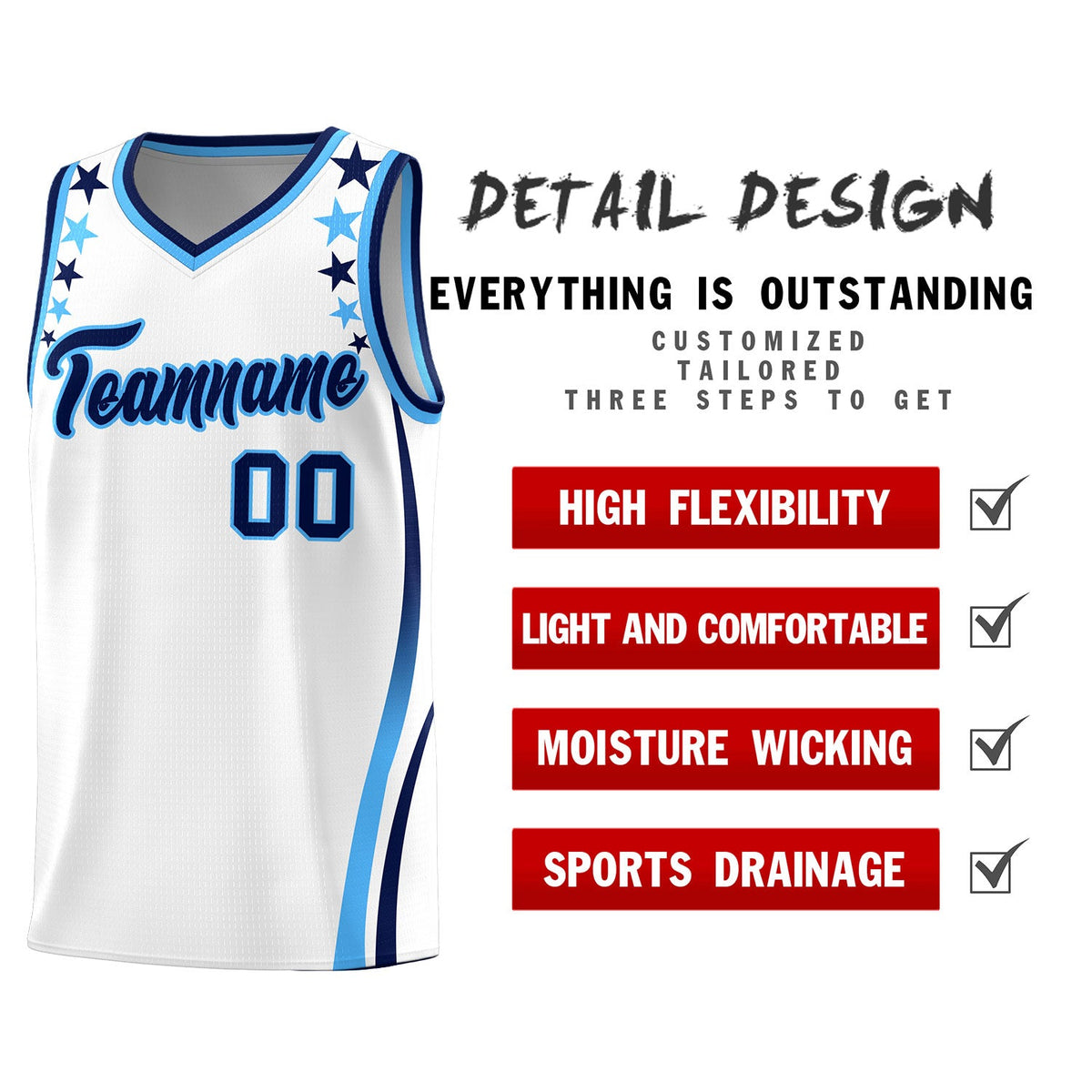 Custom White Shoulders Star Pattern Side Color Block Sports Uniform Basketball Jersey