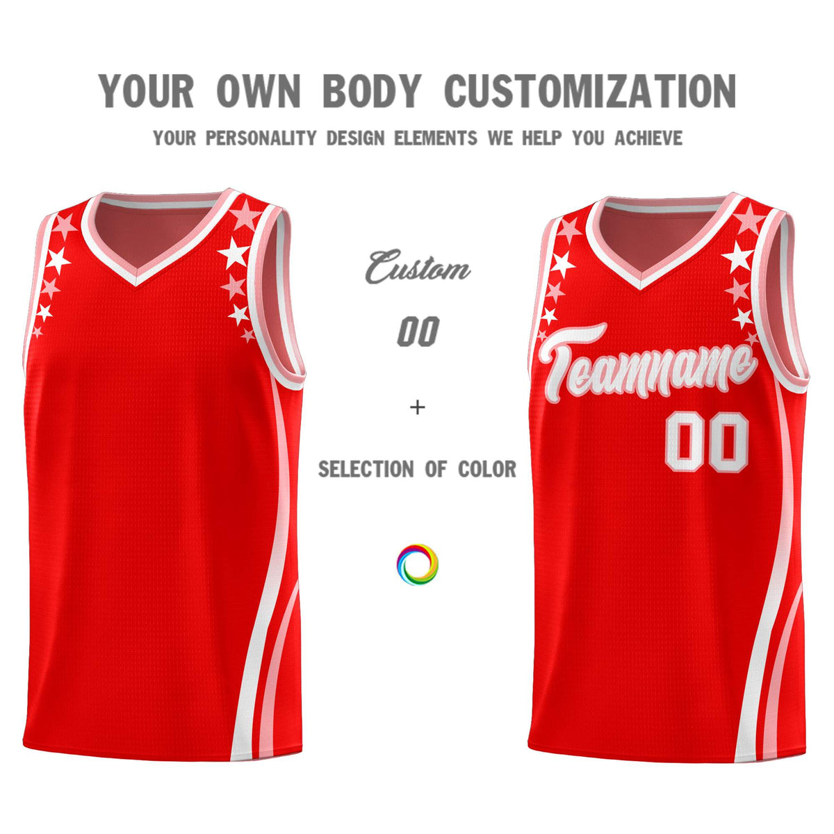 Custom Red Shoulders Star Pattern Side Color Block Sports Uniform Basketball Jersey