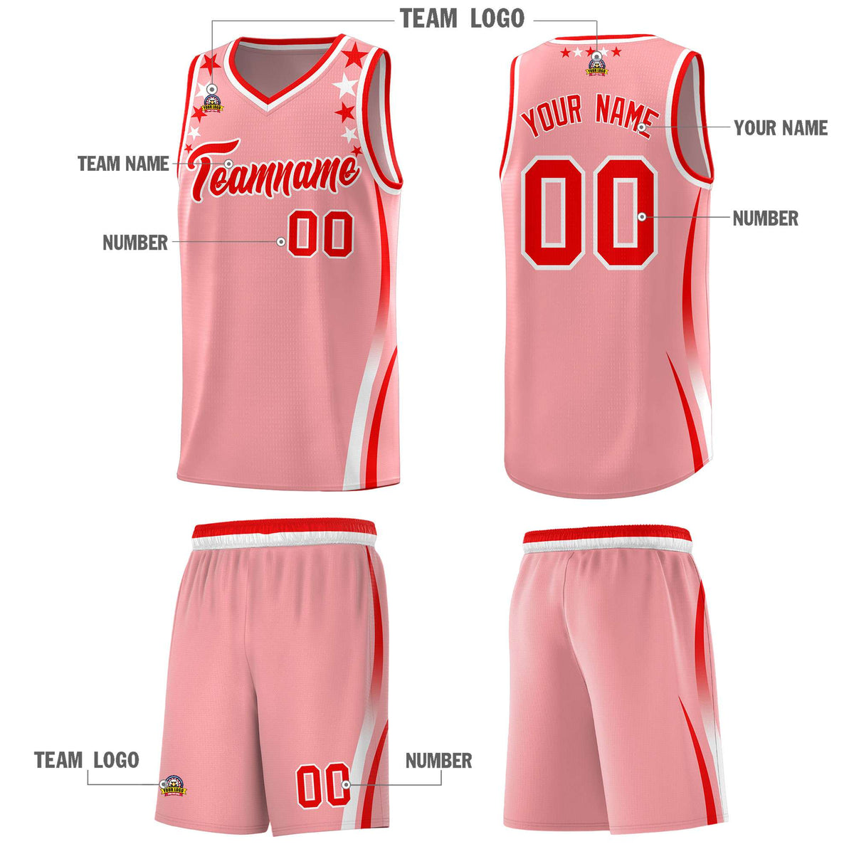 Custom Pink Shoulders Star Pattern Side Color Block Sports Uniform Basketball Jersey