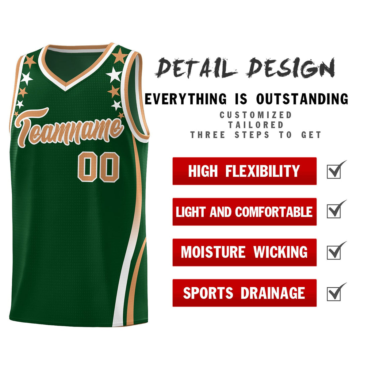 Custom Green Shoulders Star Pattern Side Color Block Sports Uniform Basketball Jersey
