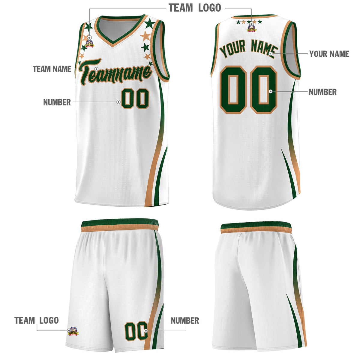 Custom White Shoulders Star Pattern Side Color Block Sports Uniform Basketball Jersey