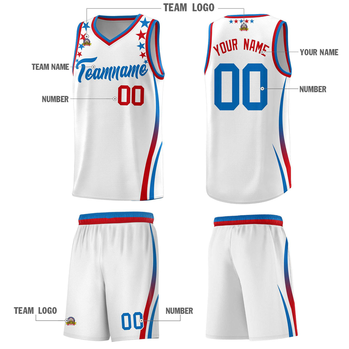Custom White Shoulders Star Pattern Side Color Block Sports Uniform Basketball Jersey