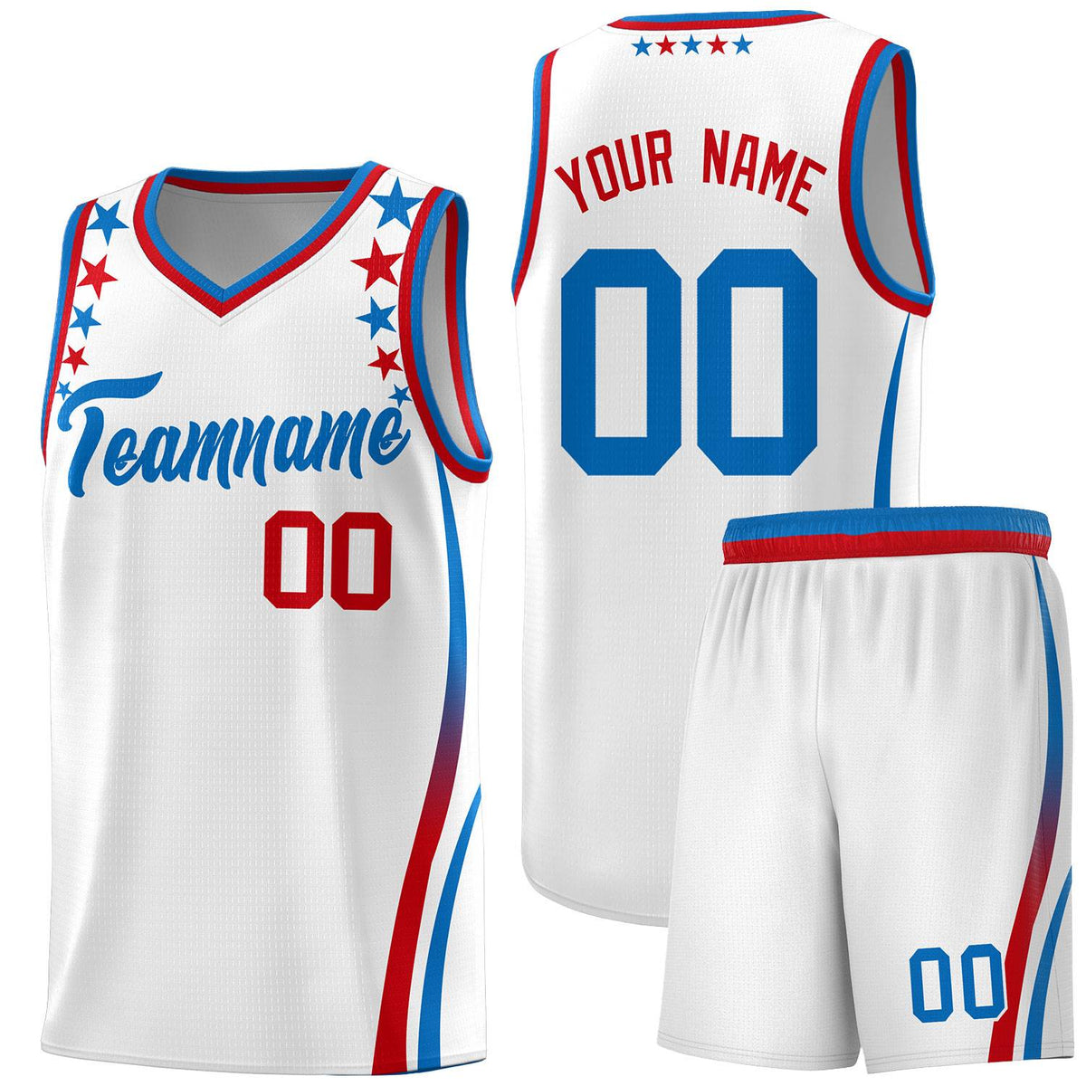Custom White Shoulders Star Pattern Side Color Block Sports Uniform Basketball Jersey