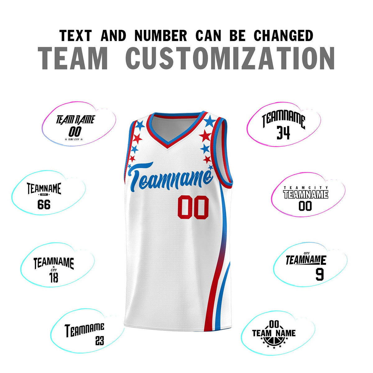 Custom White Shoulders Star Pattern Side Color Block Sports Uniform Basketball Jersey