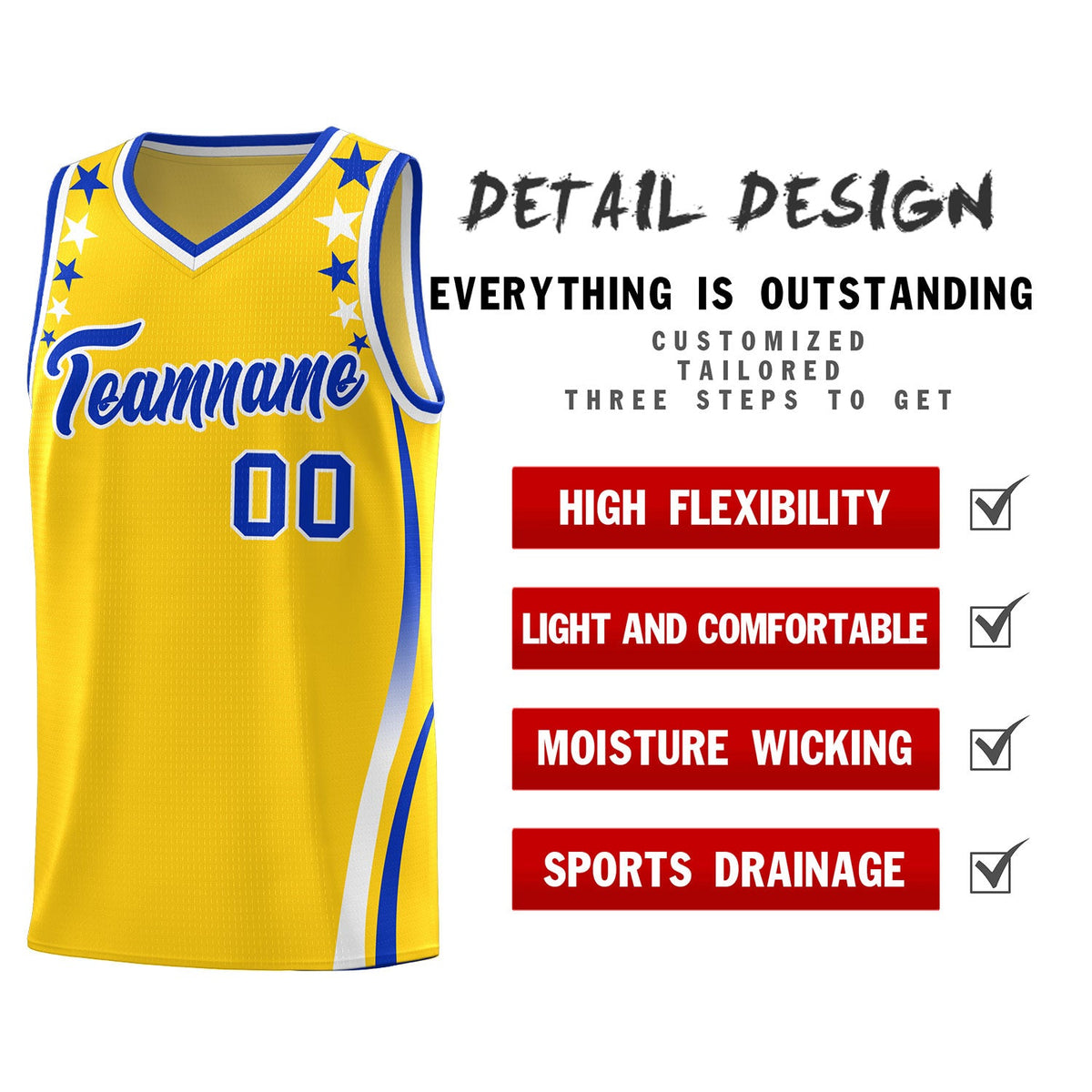 Custom Gold Shoulders Star Pattern Side Color Block Sports Uniform Basketball Jersey