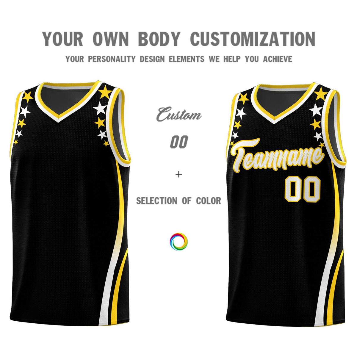 Custom Black Shoulders Star Pattern Side Color Block Sports Uniform Basketball Jersey