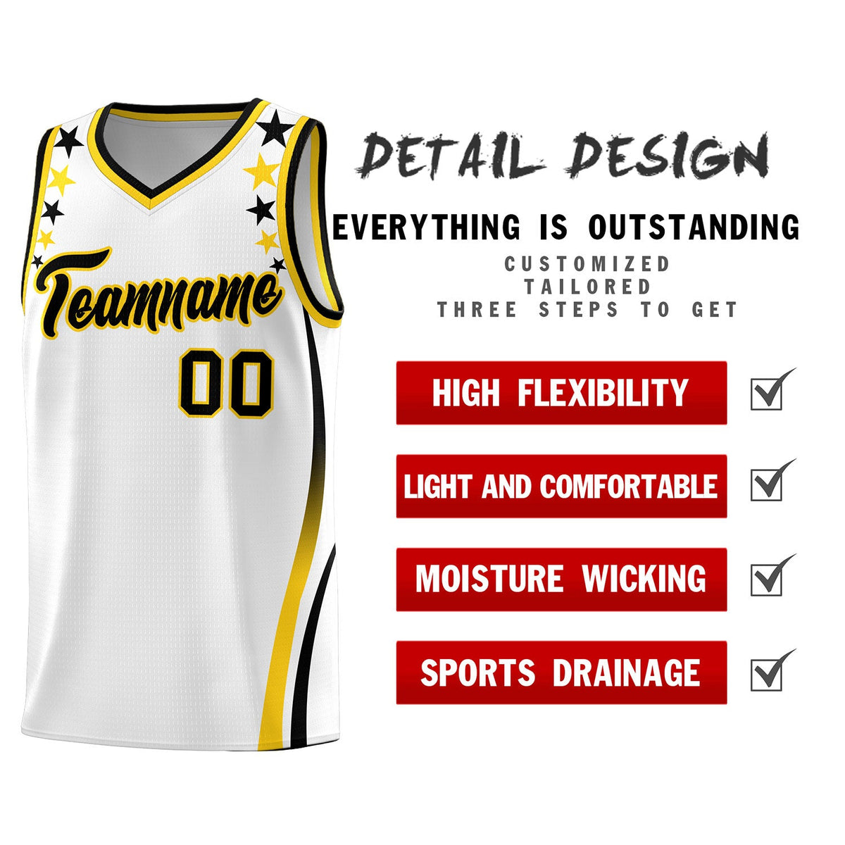 Custom White Shoulders Star Pattern Side Color Block Sports Uniform Basketball Jersey