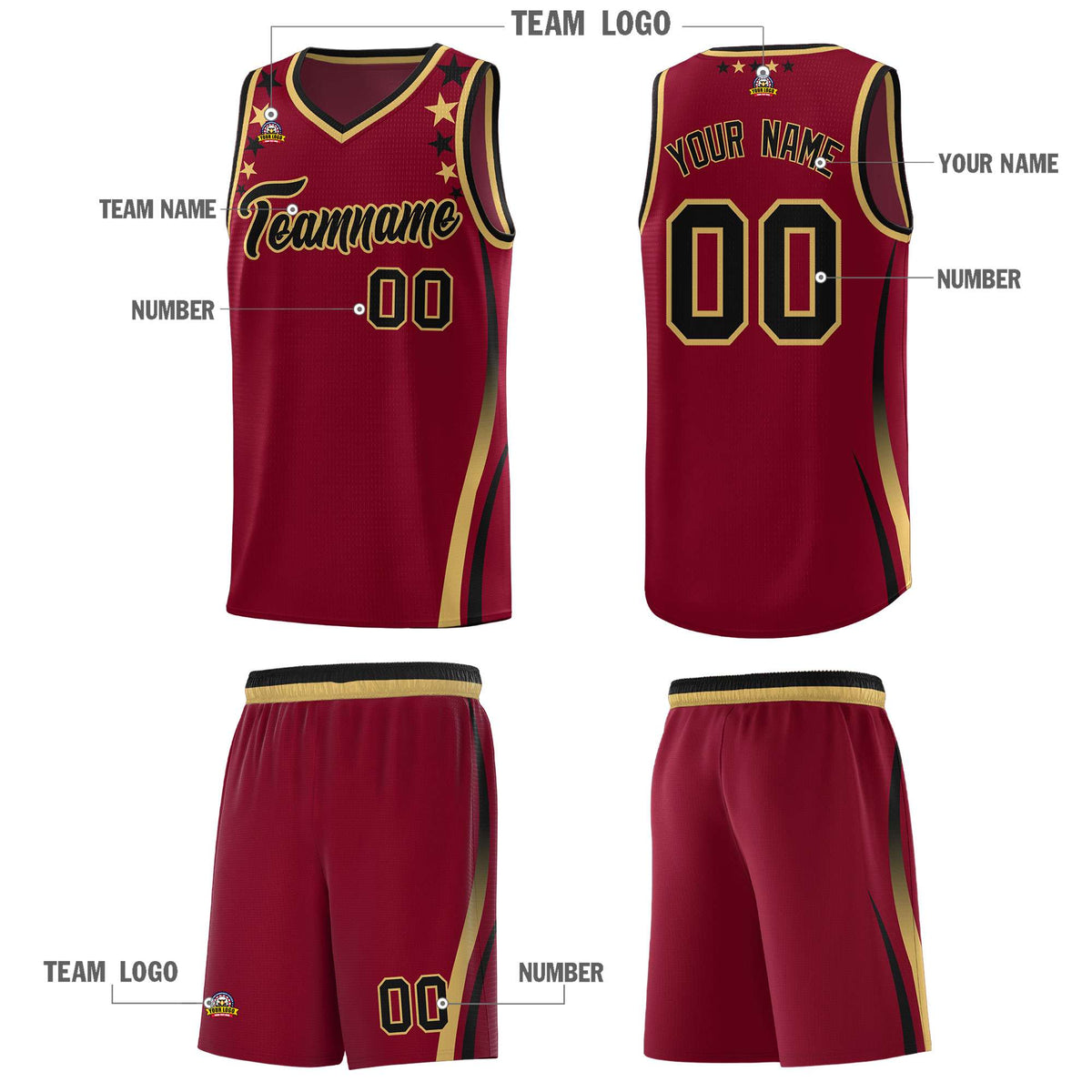 Custom Crimson Shoulders Star Pattern Side Color Block Sports Uniform Basketball Jersey