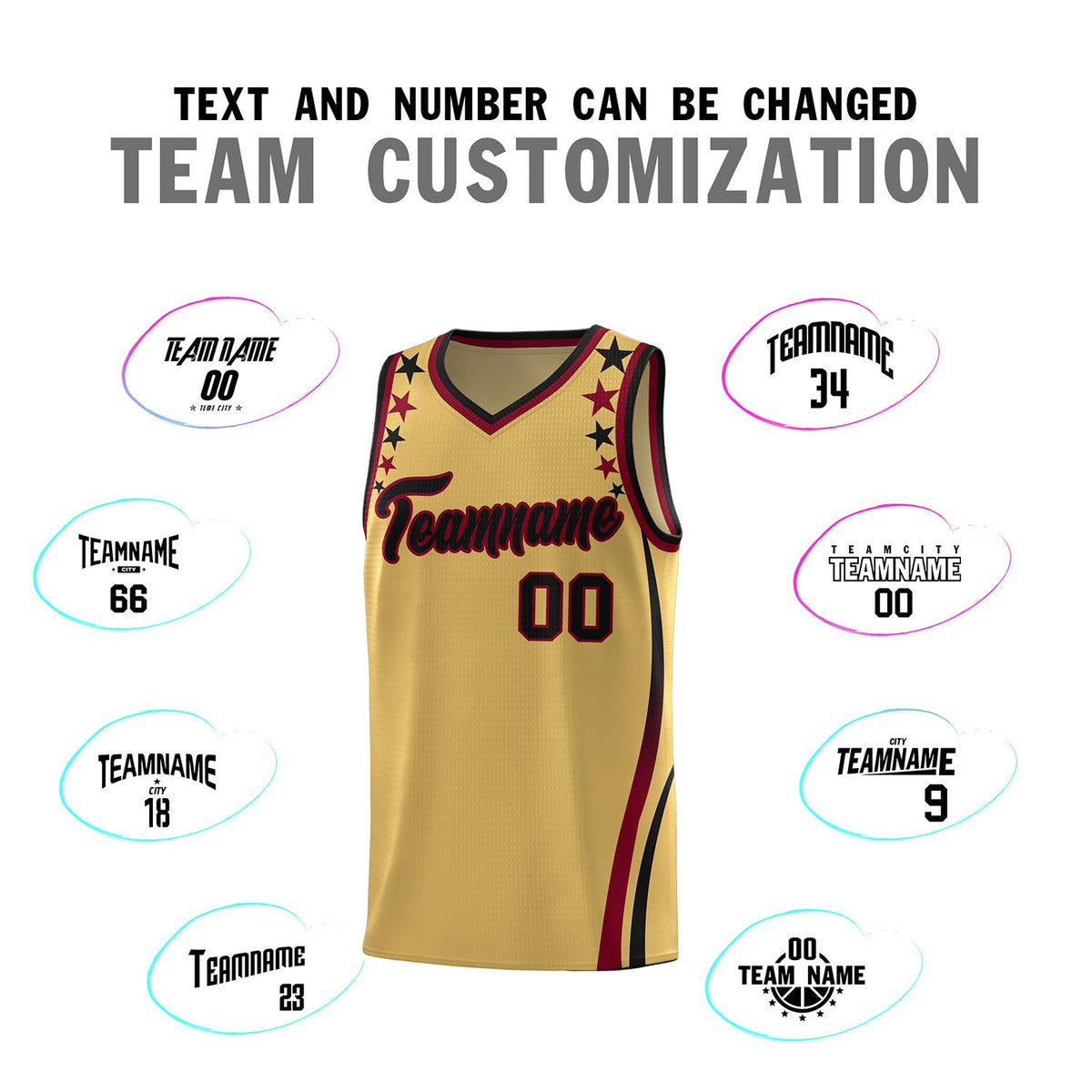 Custom Old Gold Shoulders Star Pattern Side Color Block Sports Uniform Basketball Jersey