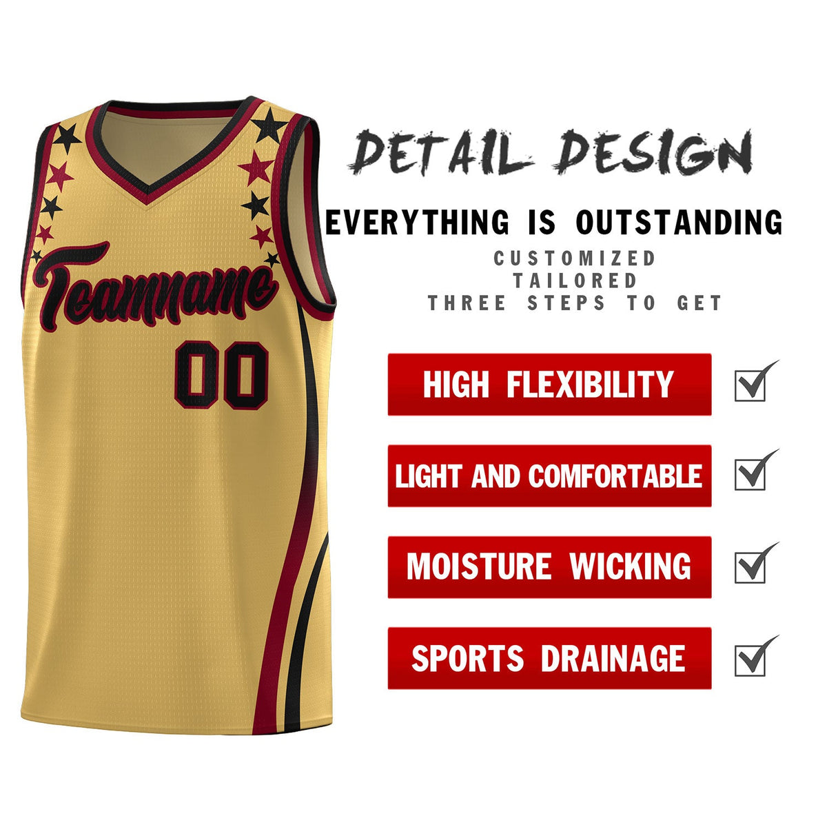 Custom Old Gold Shoulders Star Pattern Side Color Block Sports Uniform Basketball Jersey