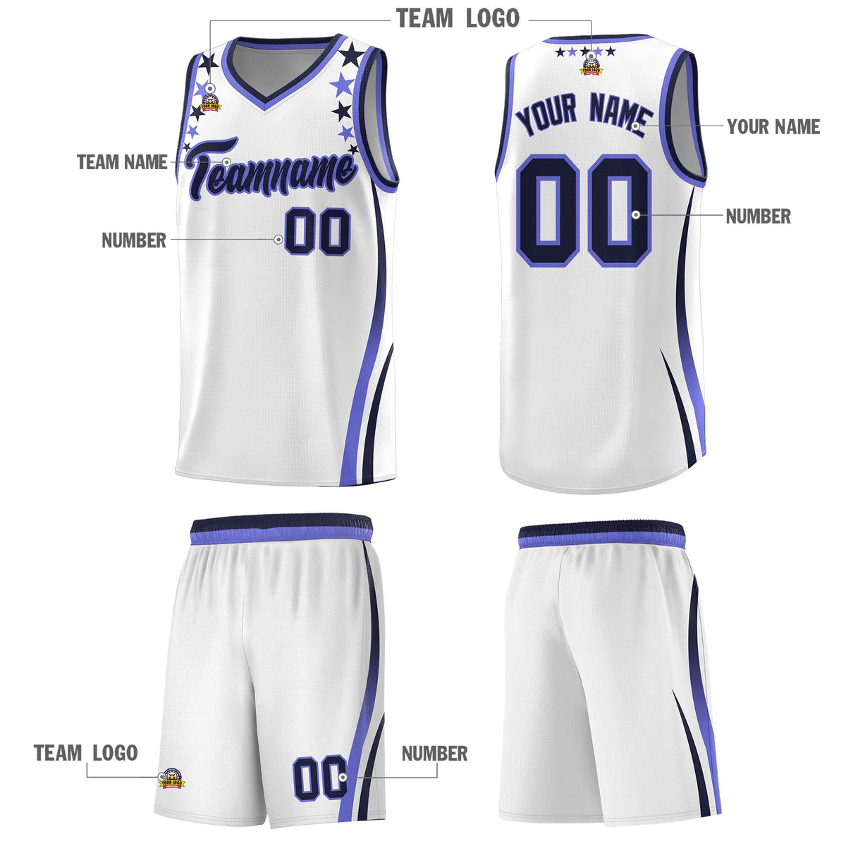 Custom White Shoulders Star Pattern Side Color Block Sports Uniform Basketball Jersey