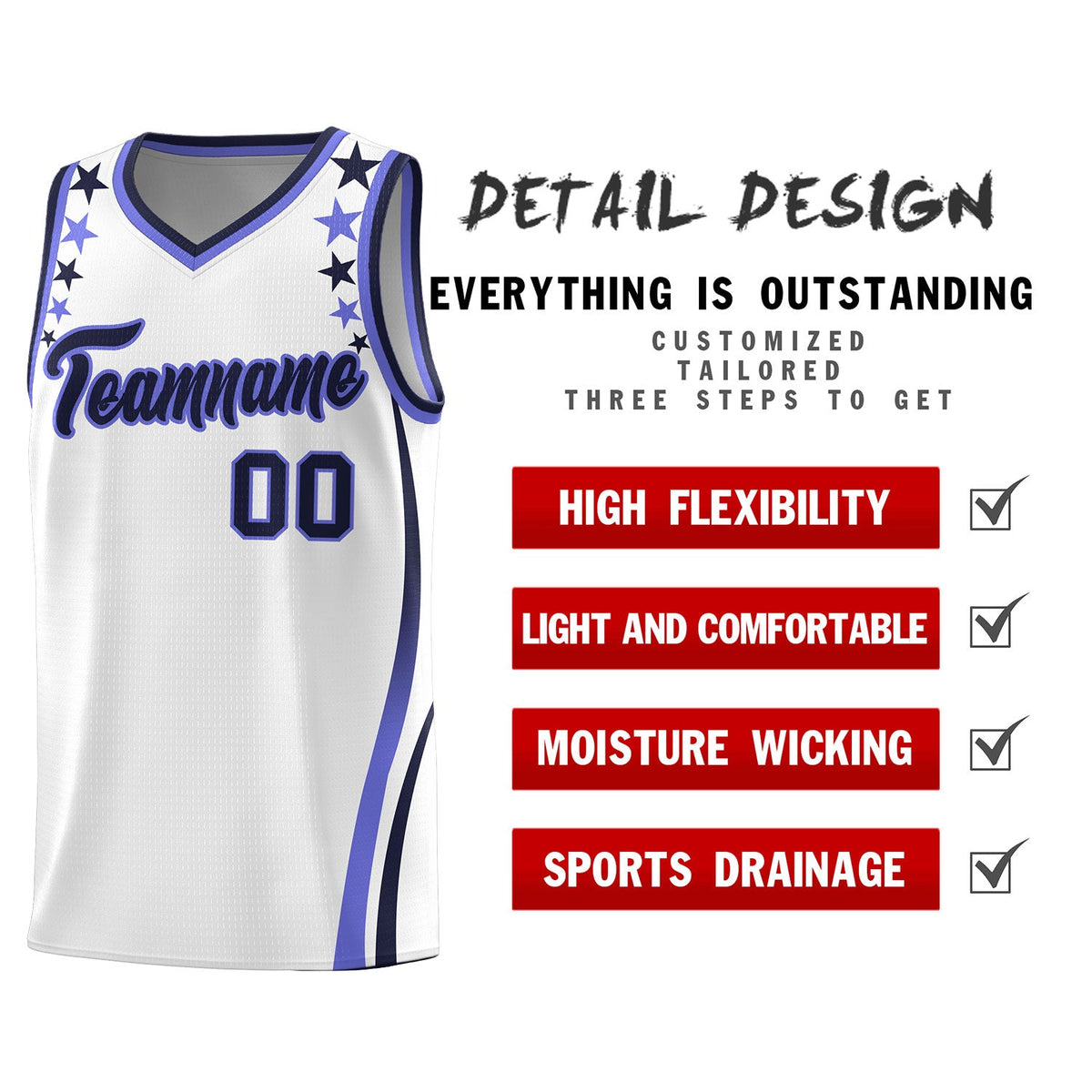 Custom White Shoulders Star Pattern Side Color Block Sports Uniform Basketball Jersey