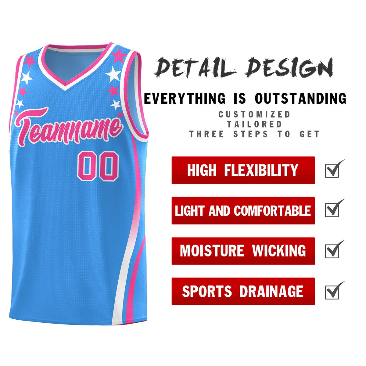 Custom Light Blue Shoulders Star Pattern Side Color Block Sports Uniform Basketball Jersey