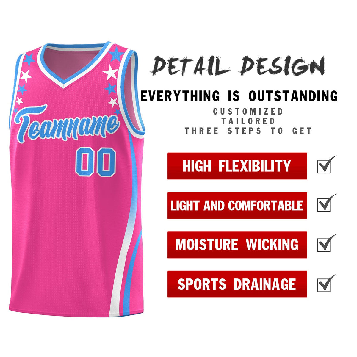 Custom Pink Shoulders Star Pattern Side Color Block Sports Uniform Basketball Jersey