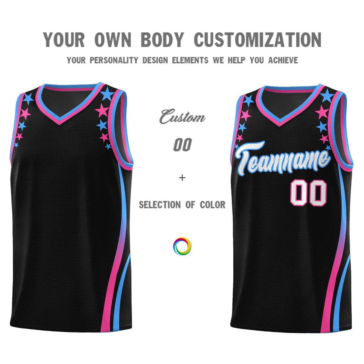 Custom Black Shoulders Star Pattern Side Color Block Sports Uniform Basketball Jersey