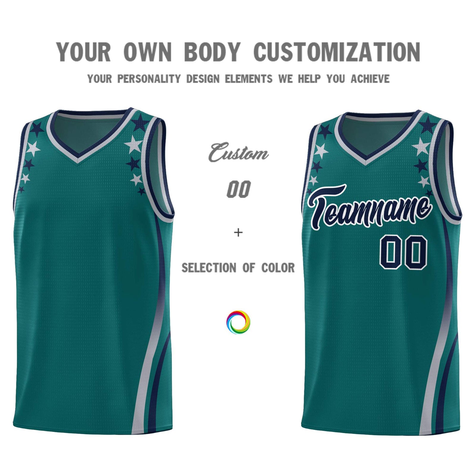 Custom Aqua Shoulders Star Pattern Side Color Block Sports Uniform Basketball Jersey