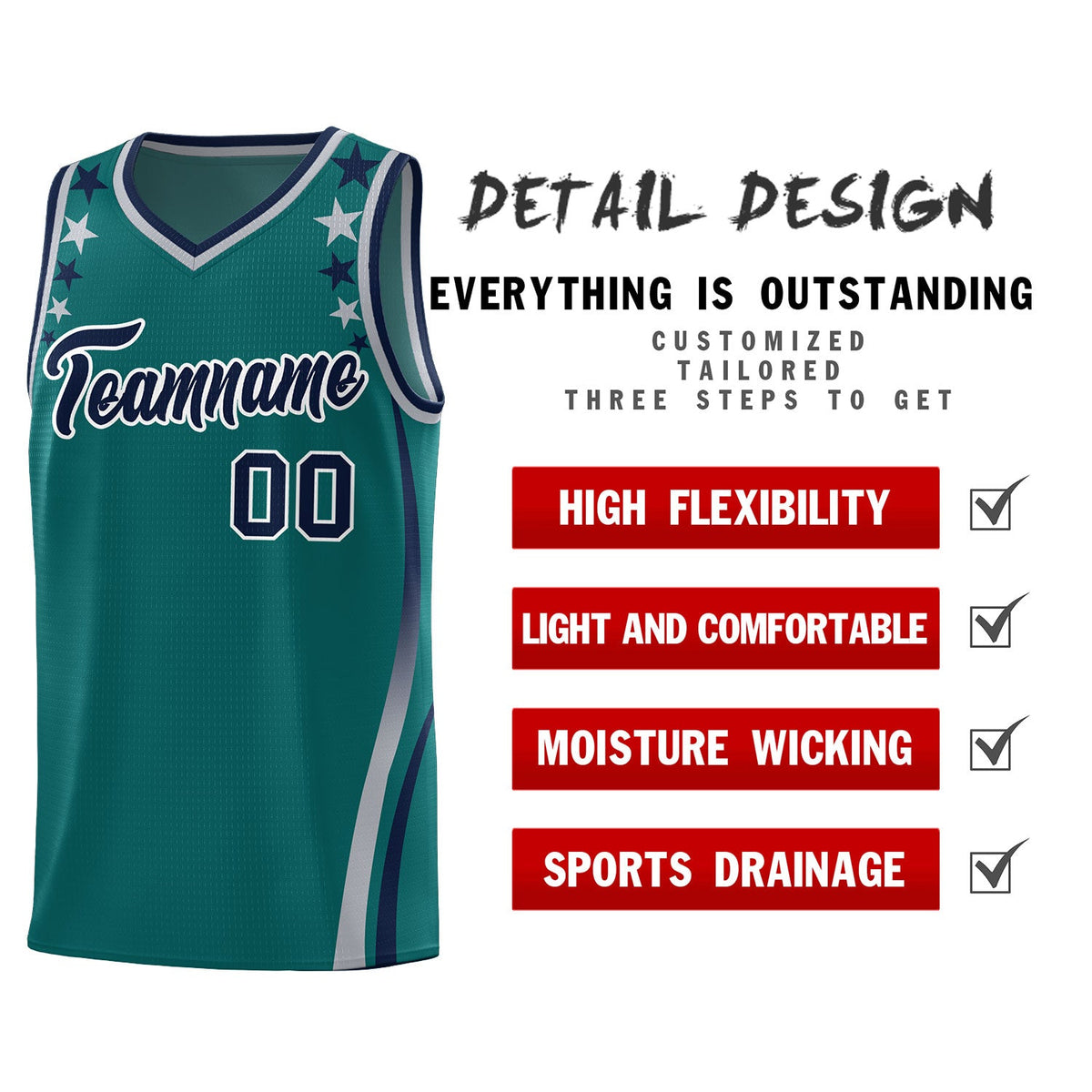 Custom Aqua Shoulders Star Pattern Side Color Block Sports Uniform Basketball Jersey
