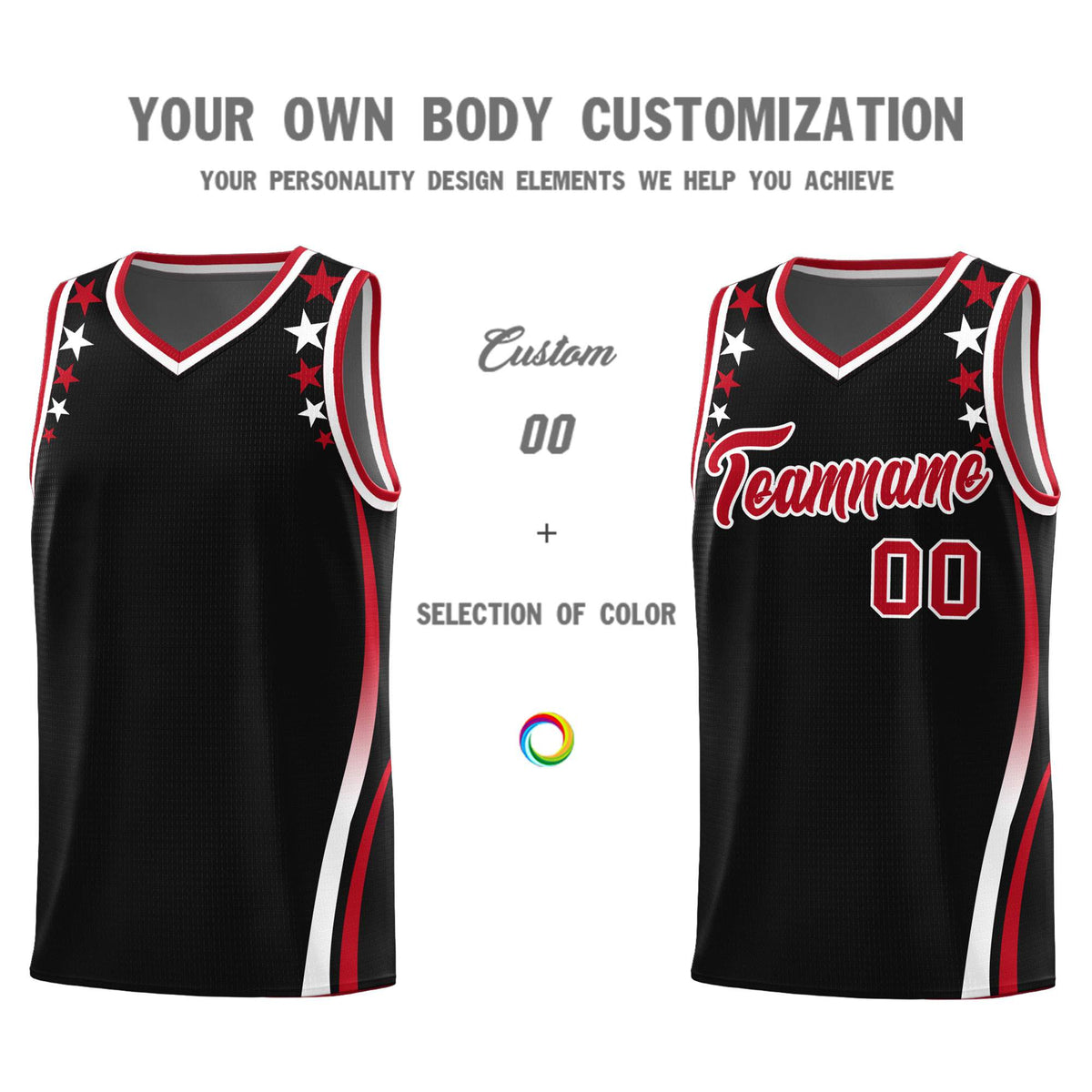 Custom Black Shoulders Star Pattern Side Color Block Sports Uniform Basketball Jersey