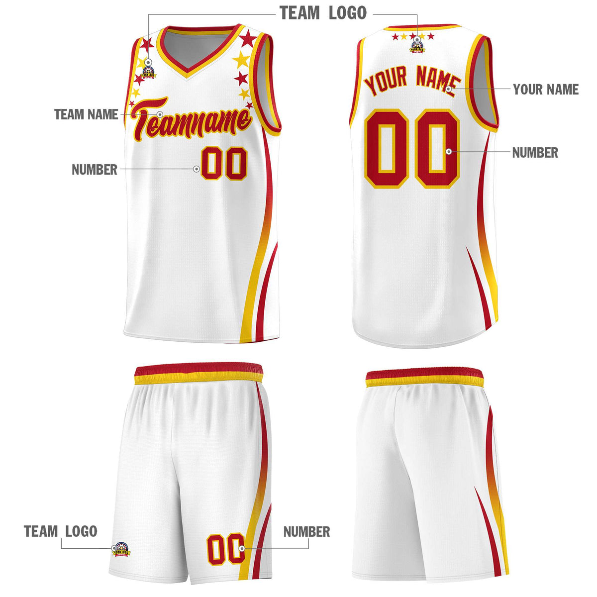 Custom White Shoulders Star Pattern Side Color Block Sports Uniform Basketball Jersey