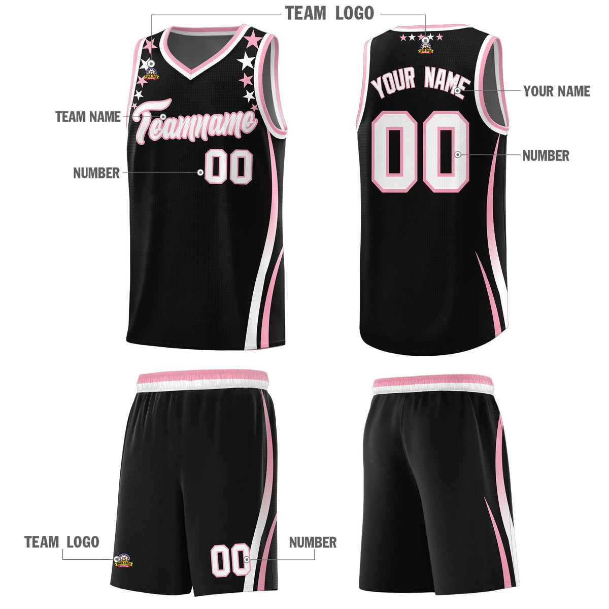 Custom Black Shoulders Star Pattern Side Color Block Sports Uniform Basketball Jersey