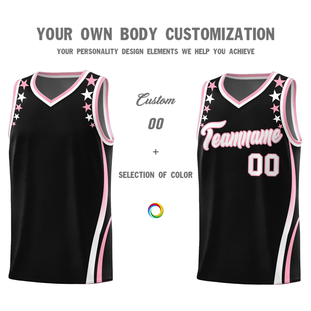 Custom Black Shoulders Star Pattern Side Color Block Sports Uniform Basketball Jersey