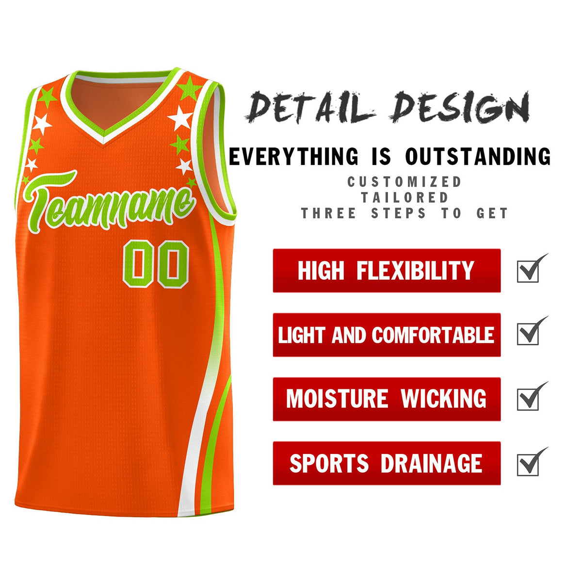 Custom Orange Shoulders Star Pattern Side Color Block Sports Uniform Basketball Jersey