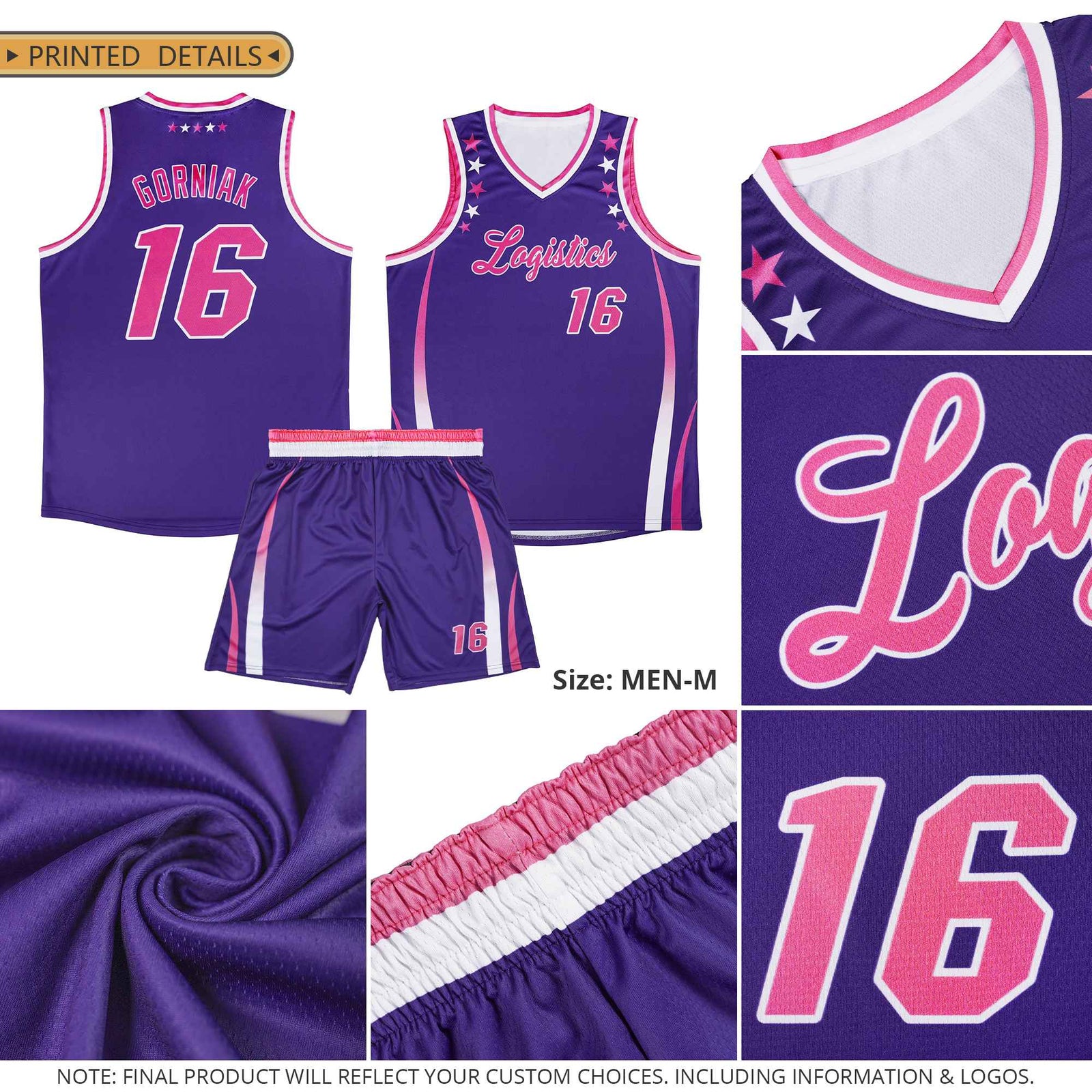 Custom Pink Shoulders Star Pattern Side Color Block Sports Uniform Basketball Jersey