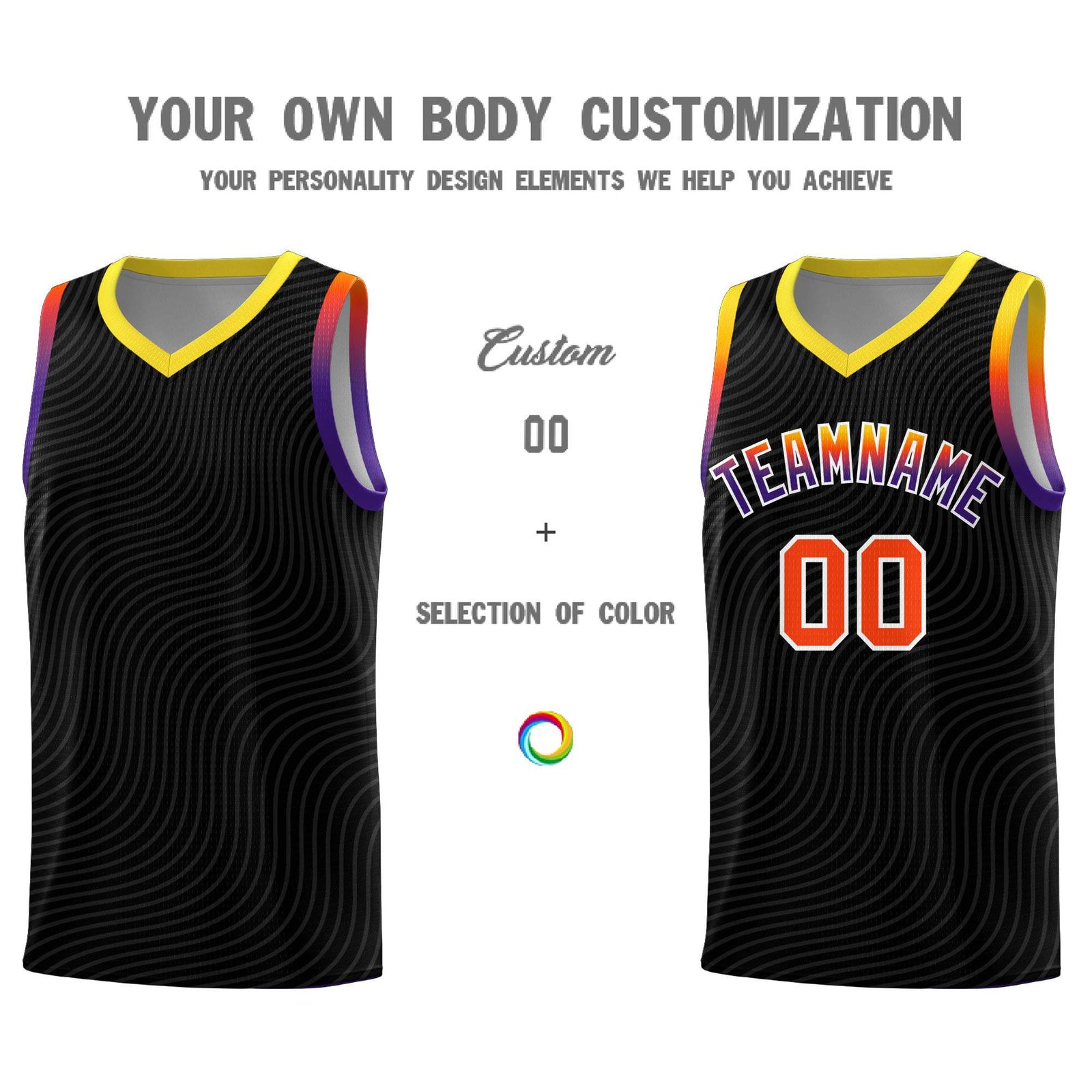 Custom Black Gold Wave Pattern Sports Uniform Basketball Jersey