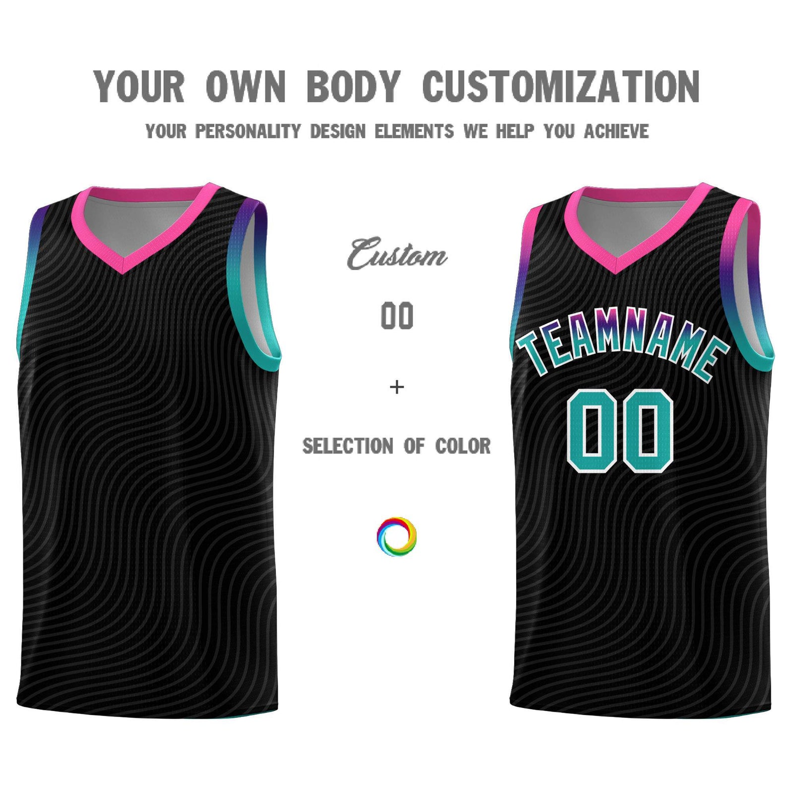 Custom Black Pink Wave Pattern Sports Uniform Basketball Jersey