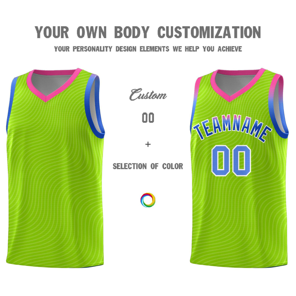 Custom Neon Green Pink Wave Pattern Sports Uniform Basketball Jersey