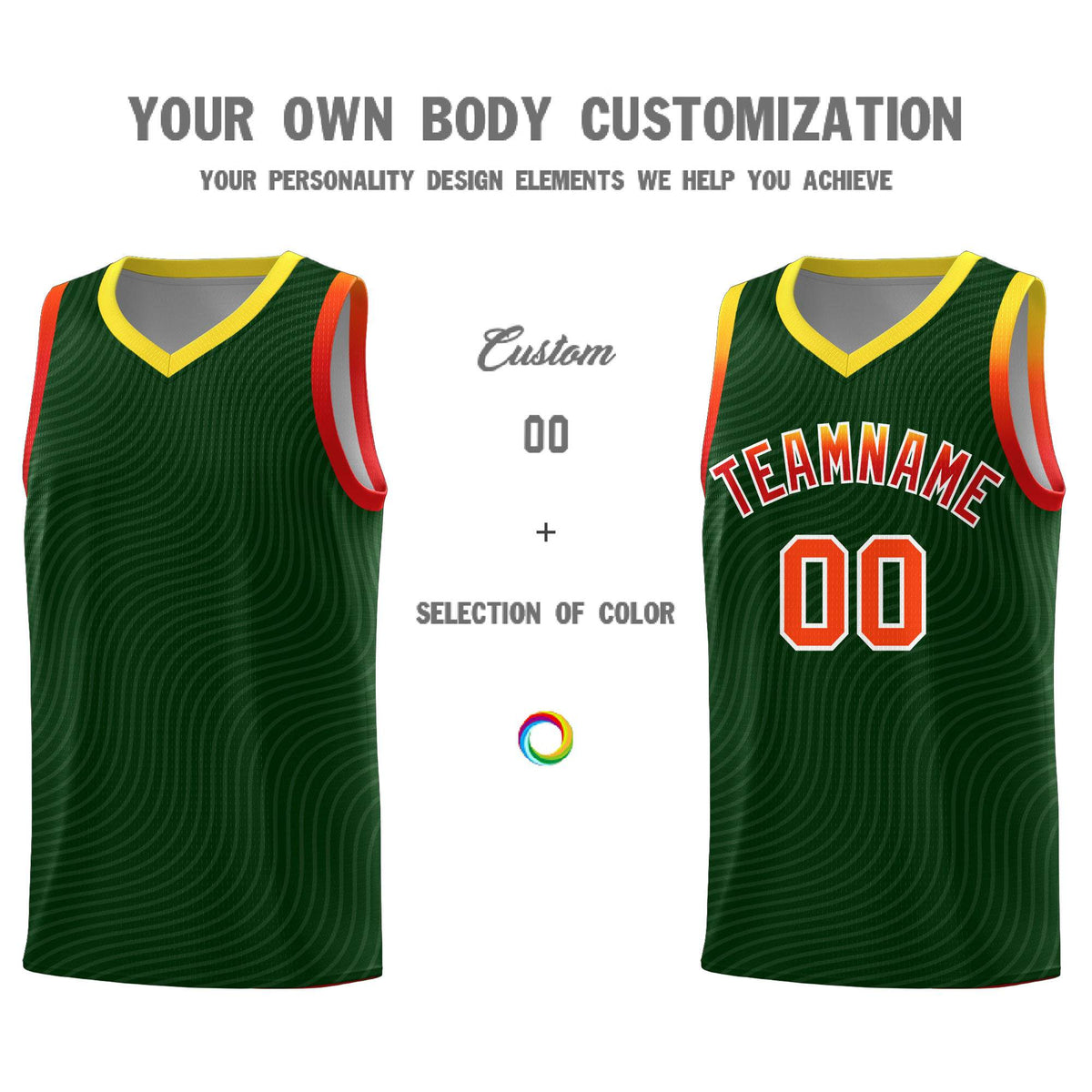 Custom Hunter Green Gold Wave Pattern Sports Uniform Basketball Jersey