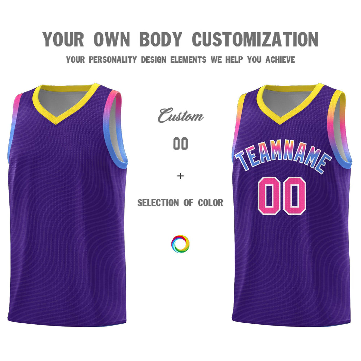 Custom Purple Gold Wave Pattern Sports Uniform Basketball Jersey