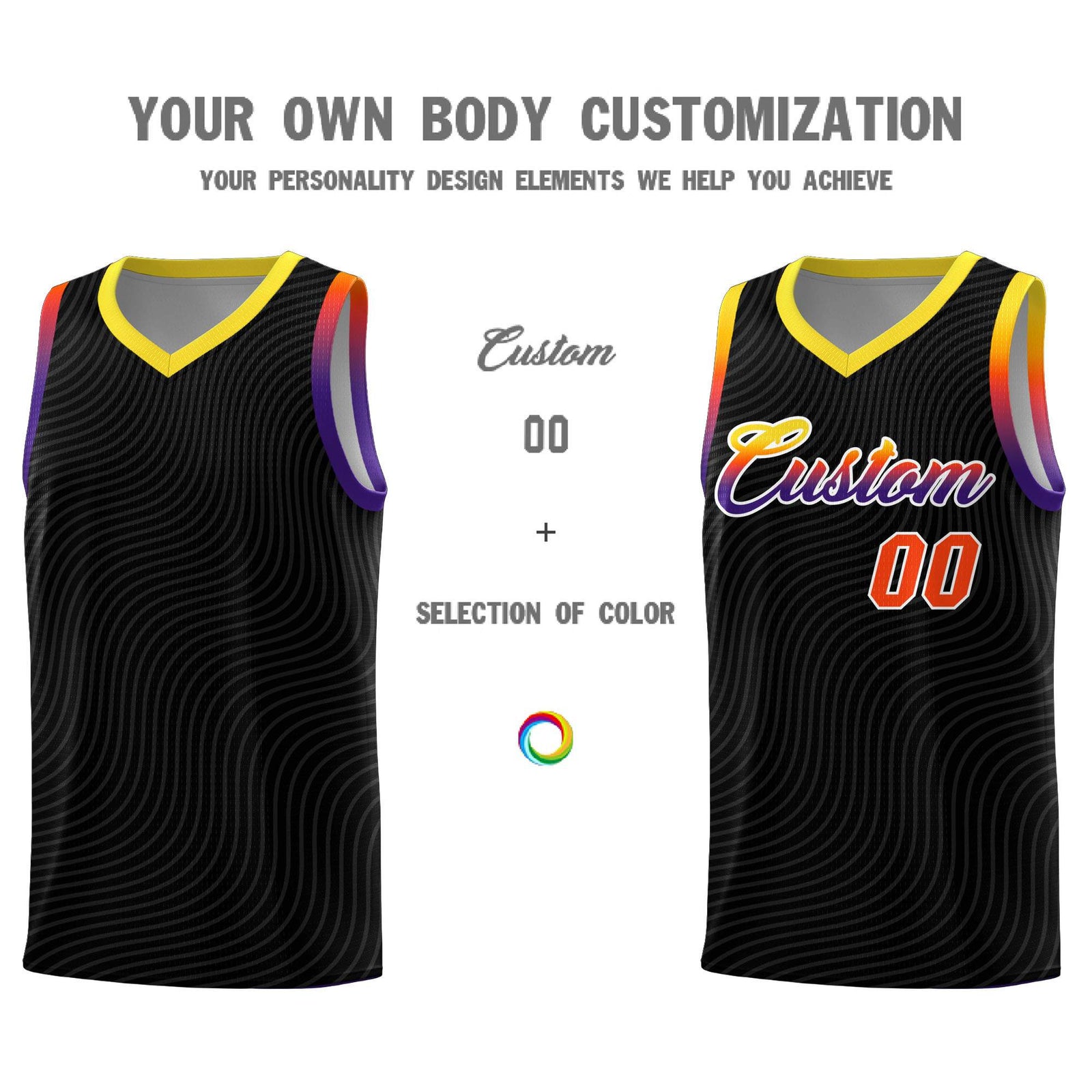 Custom Black Gold Wave Pattern Sports Uniform Basketball Jersey