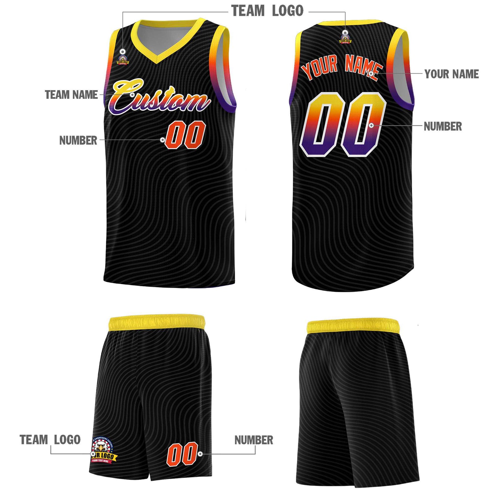 Custom Black Gold Wave Pattern Sports Uniform Basketball Jersey