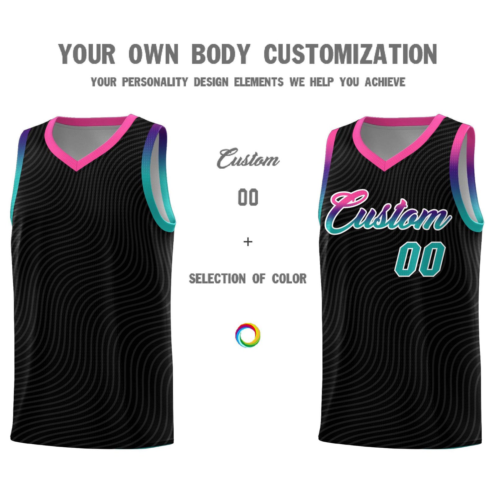 Custom Black Pink Wave Pattern Sports Uniform Basketball Jersey