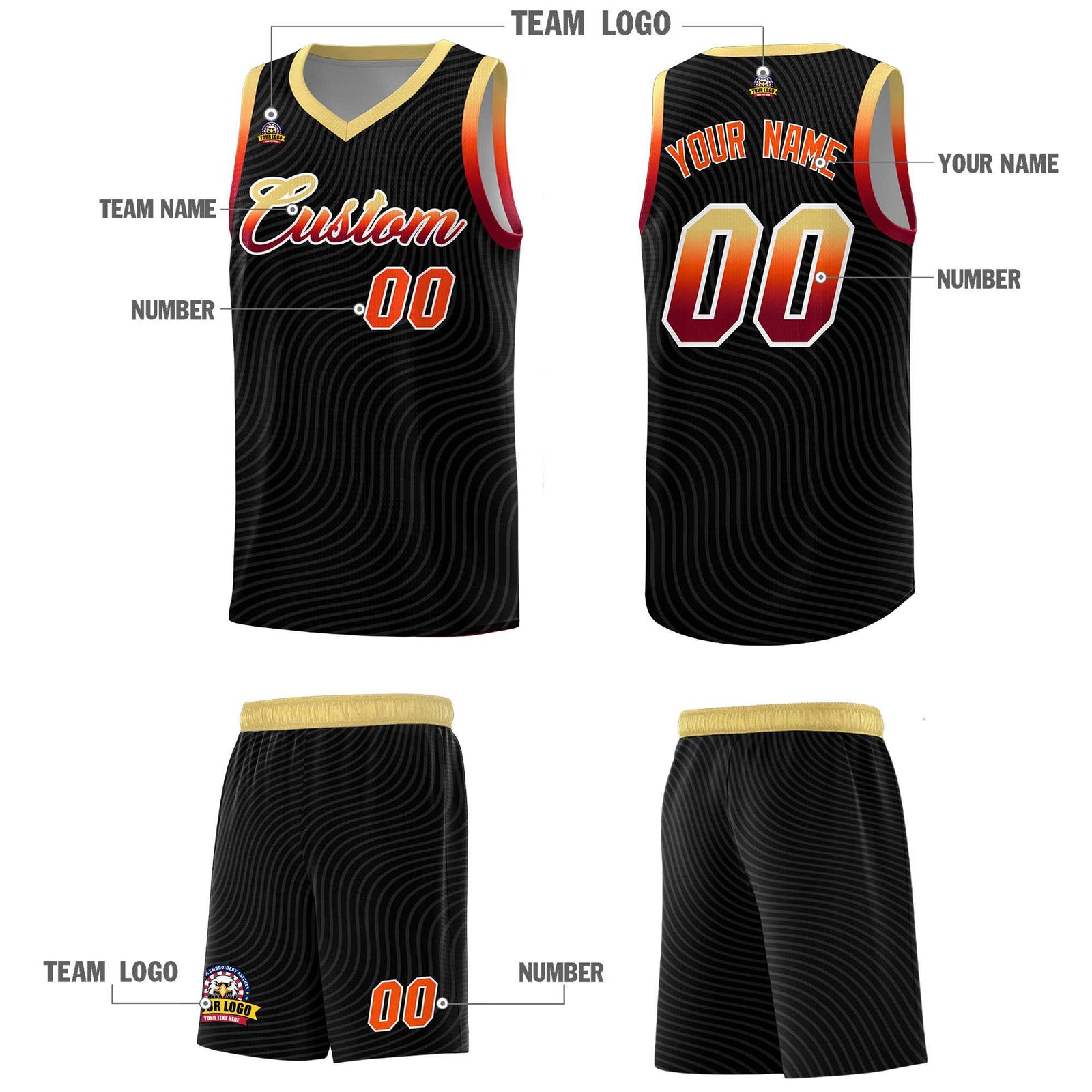 Custom Black Khaki Wave Pattern Sports Uniform Basketball Jersey