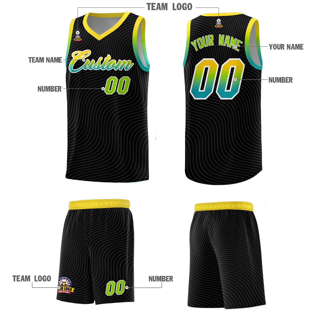 Custom Black Gold Wave Pattern Sports Uniform Basketball Jersey